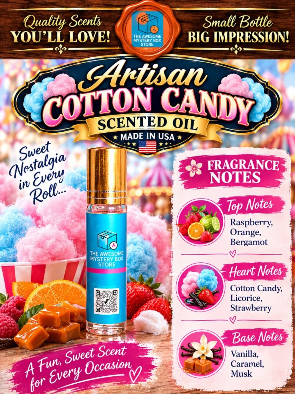 Artisan Cotton Candy Scented Oil 10ml Glass Roll-On Made in USA